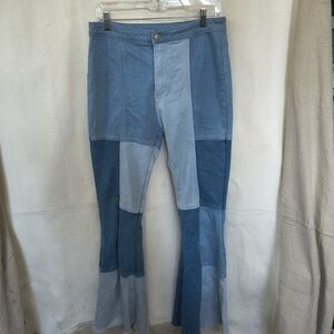 Altar'd State Women's Large Patchwork Blue Denim Bell Bottom Jeans